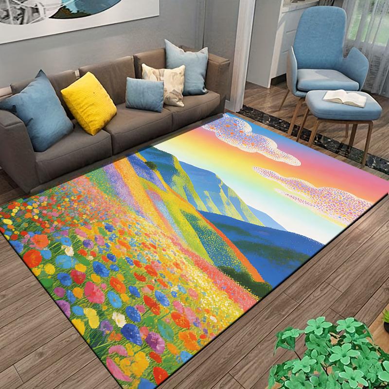 Colorful Floral Landscape Carpet with Mountains and Sunset Sky Suitable for use as an anti-slip for living room bedroom sofas