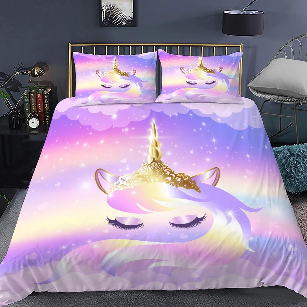 Unicorn Soft Duvet Cover Purple Pink Carton Dream Warm Comforter Cover Set Women Stars Rainbow Rhinestone Beding Set for Tenage Young Girls
