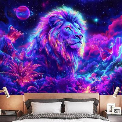 Неоновый цветочный лев Вид Флуоресцентный гобелен Космос УФ Черный свет Гобелен, Настенное украшение для гостиной, спальни, офиса, домашнего декора