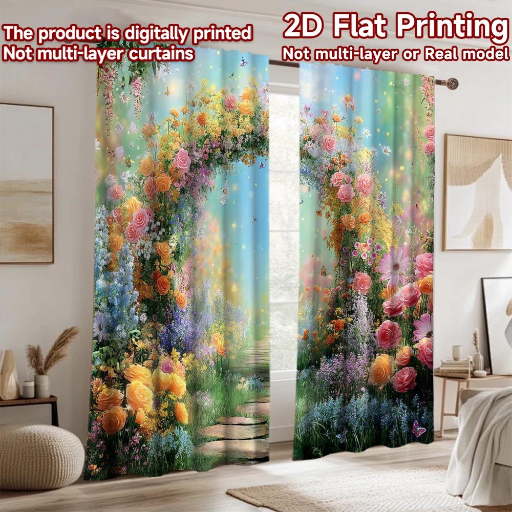 2D flat printing 2pcs Curtain Enchanted Garden Arch Flowers Butterflies Digital Printed Polyester Drapes Family Party for Indoor