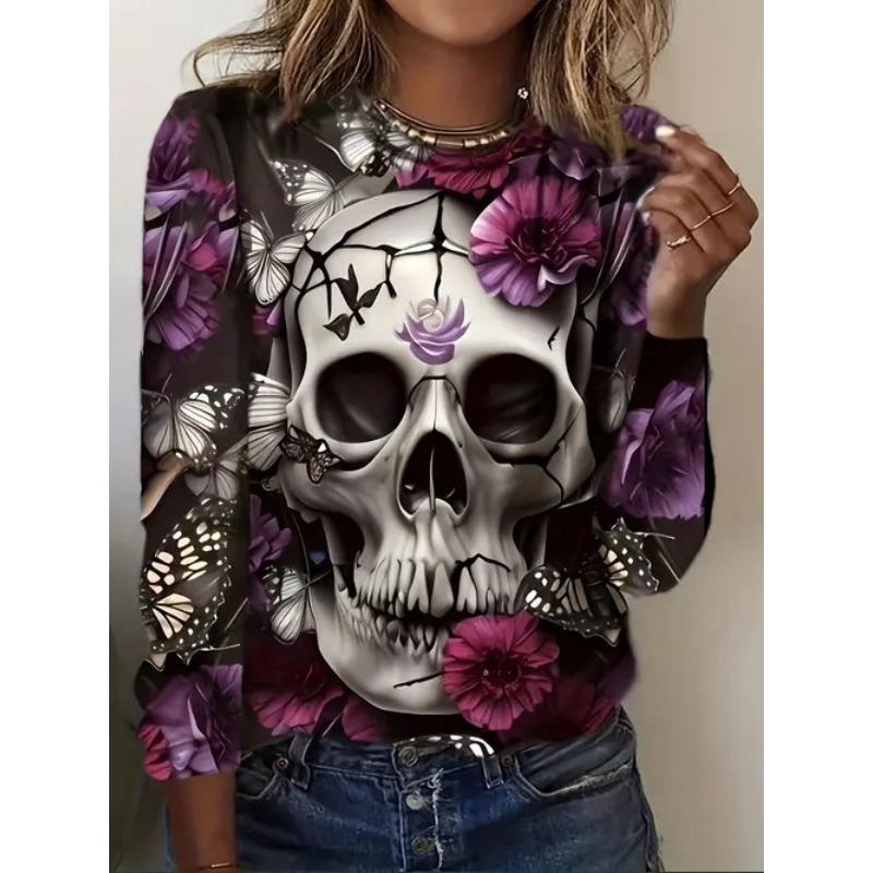 Round Neck 3D Skull Printed Top Casual Long Sleeved Women's T-shirts - Soft Medium Stretch Polyester Fabric Spring and Autumn Relaxed Fit Clothing
