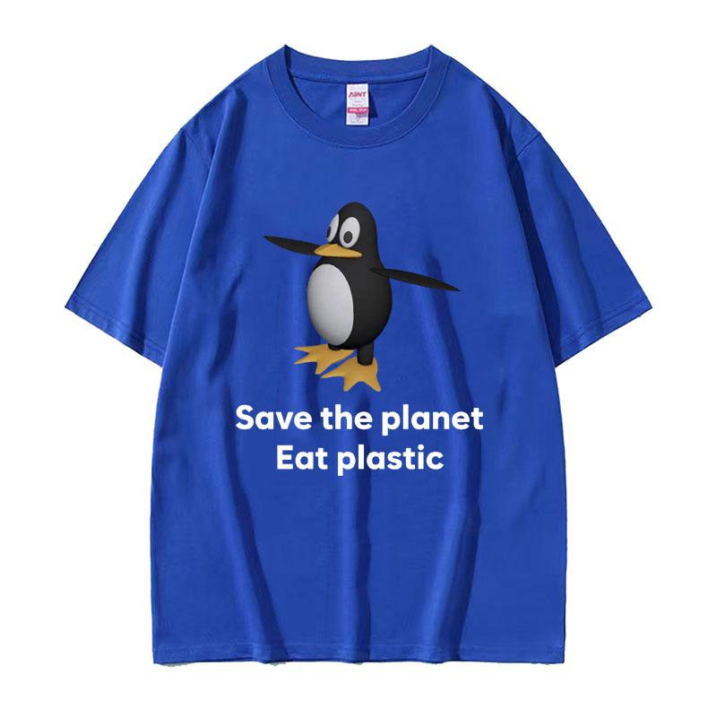 Save The Earth Eat Plastic Funny Meme TShirt Cute Penguin Graphics Mens T Shirt Fashion Casual Oversized Short Sleeve Tshirts