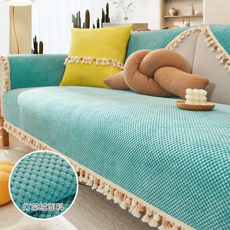 Solid Tassel Ball Sofa Cushion Four Seasons Universal Winter Thicken Chenille Anti Slip Modern Cushion