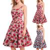 Women Prom Dress Strawberry Print A-line Big Swing Vintage Button Decor Sleeveless Back Zipper High Waist Backless Square Neck Cocktail Midi Dress
