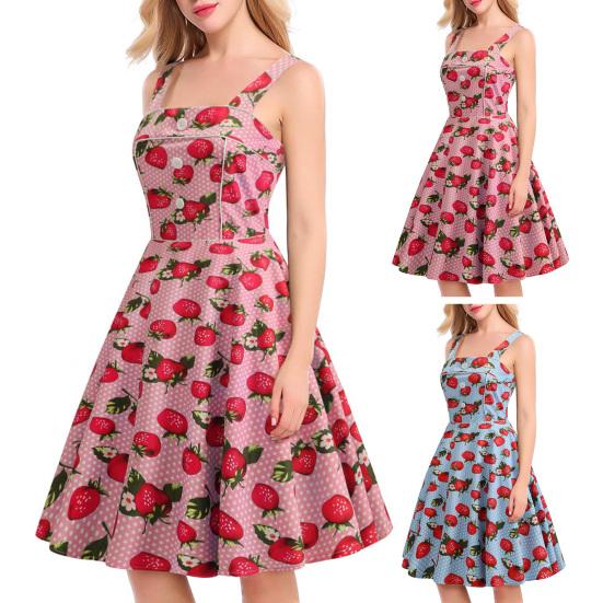 Women Prom Dress Strawberry Print A-line Big Swing Vintage Button Decor Sleeveless Back Zipper High Waist Backless Square Neck Cocktail Midi Dress