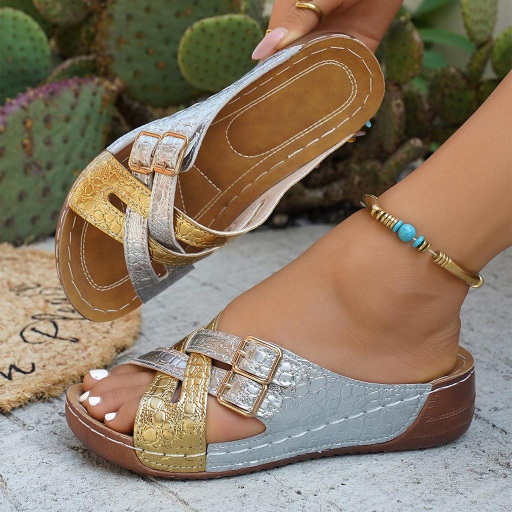 Euro-American Color-Block Leather Buckle Wedge Sandals - Summer 2026, Thick Sole, Large Size Beach Slippers