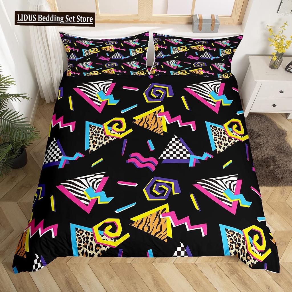 Retro Memphis Style Duvet Cover Set Galaxy Fashion Style Geometric Shapes Bedding Set Full,Hipster Old Fashioned Comforter Cover