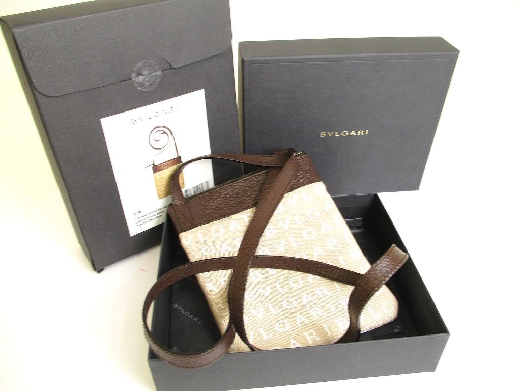 Оригинальная сумка кроссбоди BVLGARI Logo Mania из бежевой парусины и коричневой кожи #a888 Восстановленная