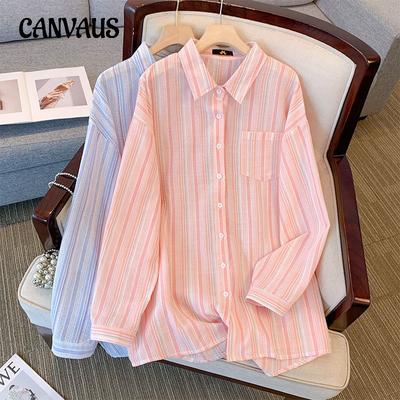 Весенне-осенняя женская рубашка больших размеров, рубашка с длинным рукавом, воротник-поло, персонализированная блузка в радужную полоску, куртка