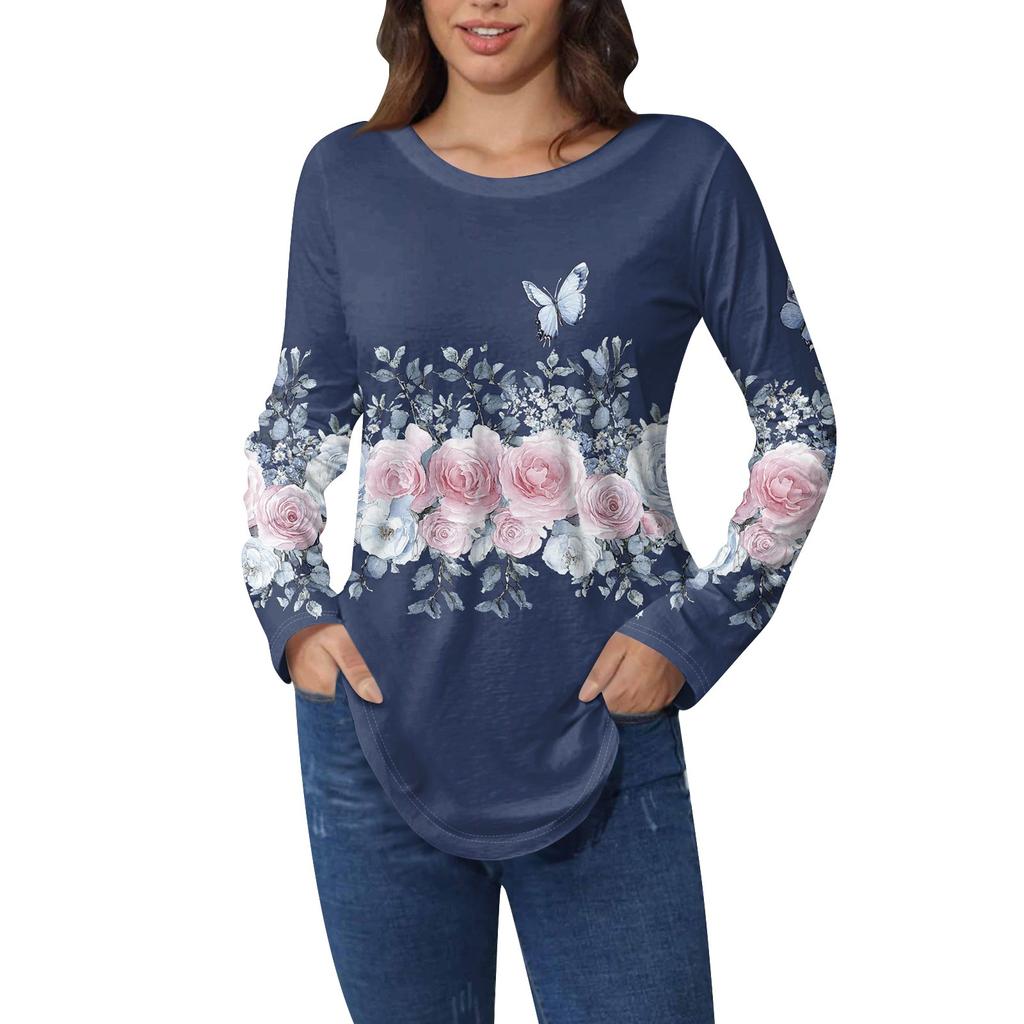 Рубашки для женщин Милые винтажные узоры с принтом Футболка с длинным рукавом Туника Топы Хлопковые пуловеры