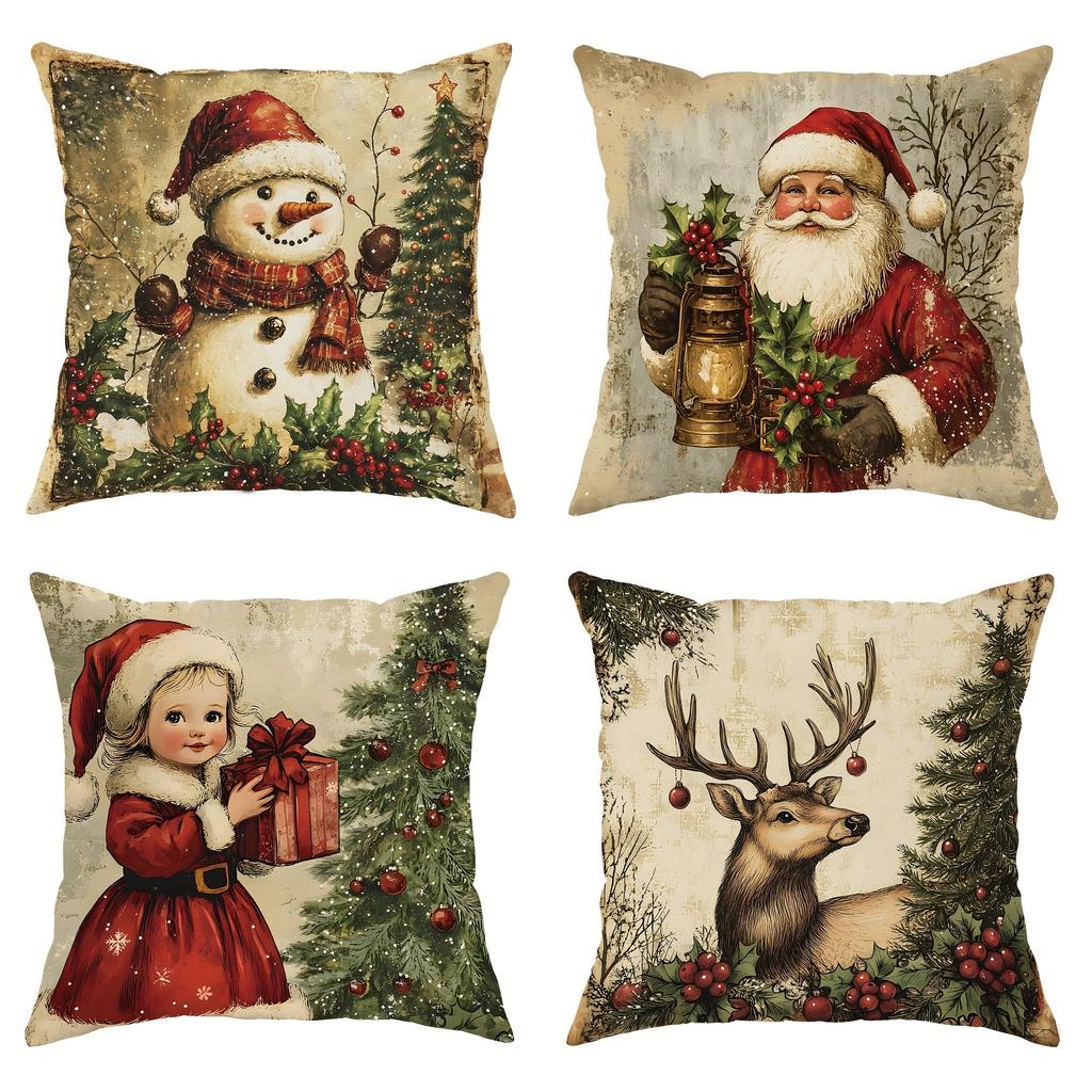 Christmas Decoration Pillowcase Retro Style Fawn Snowman Santa Claus Little Girl Pattern Suitable for Home Sofa Cushion Cover