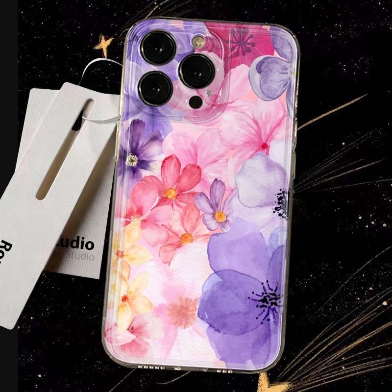 Розово-фиолетовый чехол с цветочным узором для iPhone 17 Air 16E 16 15 14 11 Pro Max Plus 13 12 Mini 8 7 X Прозрачный противоударный чехол
