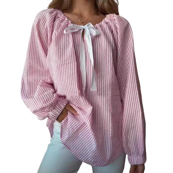 Женская рубашка с круглым вырезом, бантом, шнуровкой, длинным рукавом, полосатым принтом, свободный крой, для вечеринок, офиса, повседневной носки