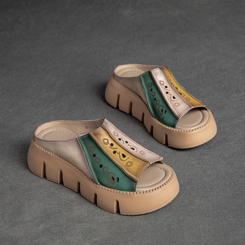 Genuine Leather Thick Soles Sandals Women Retro Wedges Slides Comfortable Outdoor Platform Slippers