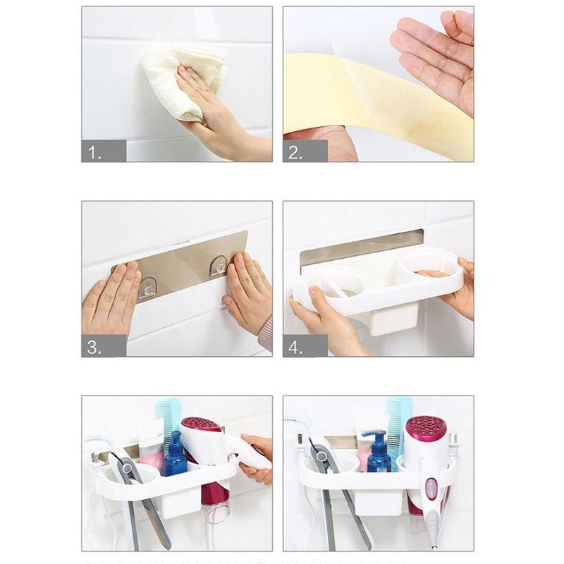 Hair Dryer Rack Comb Holder Bathroom Storage Organizer Self-adhesive Wall Mounted Stand for Shampoo