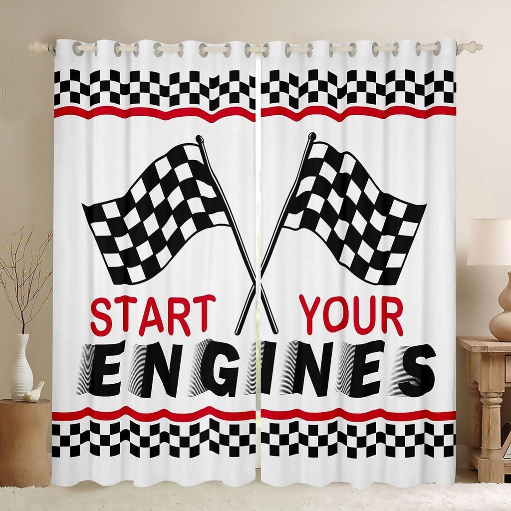 2 панели штор с принтом гоночного флага для спальни, гостиной, окна от пола до потолка, кухонных жалюзи, на люверсах, портьеры
