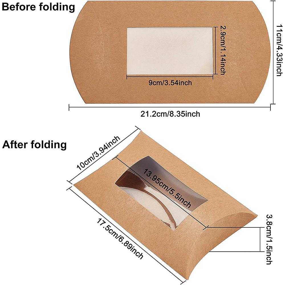 20pcs Paper Pillow Boxes Gift Candy Packing Box with Clear Window BurlyWood 17.5x10x3.8cm