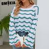Женская мода, повседневный полосатый принт, осень-зима, свободные свитера с длинным рукавом и круглым вырезом