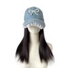 Парик Регулируемая Джинсовая Шляпа Парик Жемчужный Бант Длинные Прямые Волосы Кружевная Бейсболка с Париком Спорт