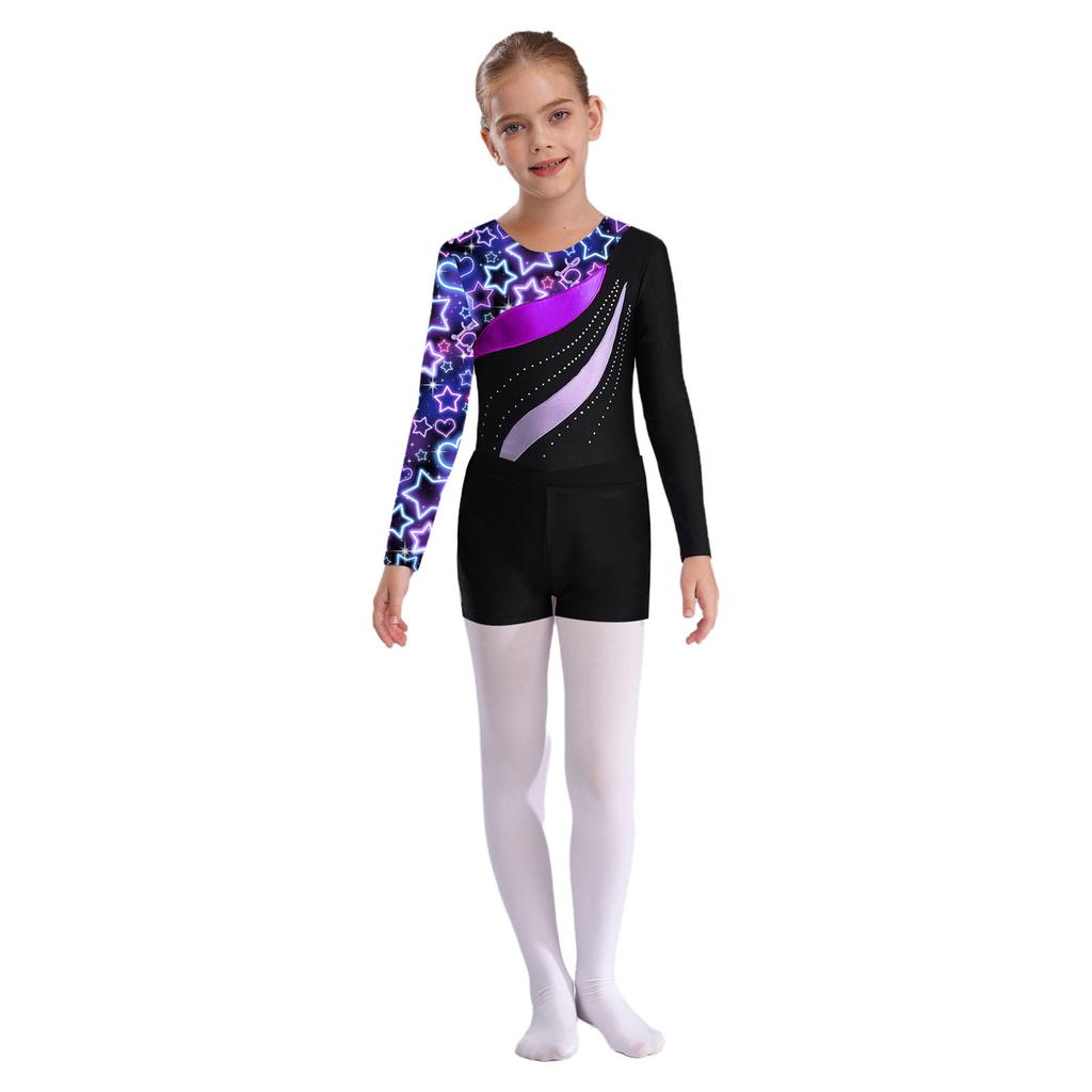 Девочки купальник с длинным рукавом и стразами, принтованный пэчворк с V-образным вырезом спереди, шорты, танцевальный комплект