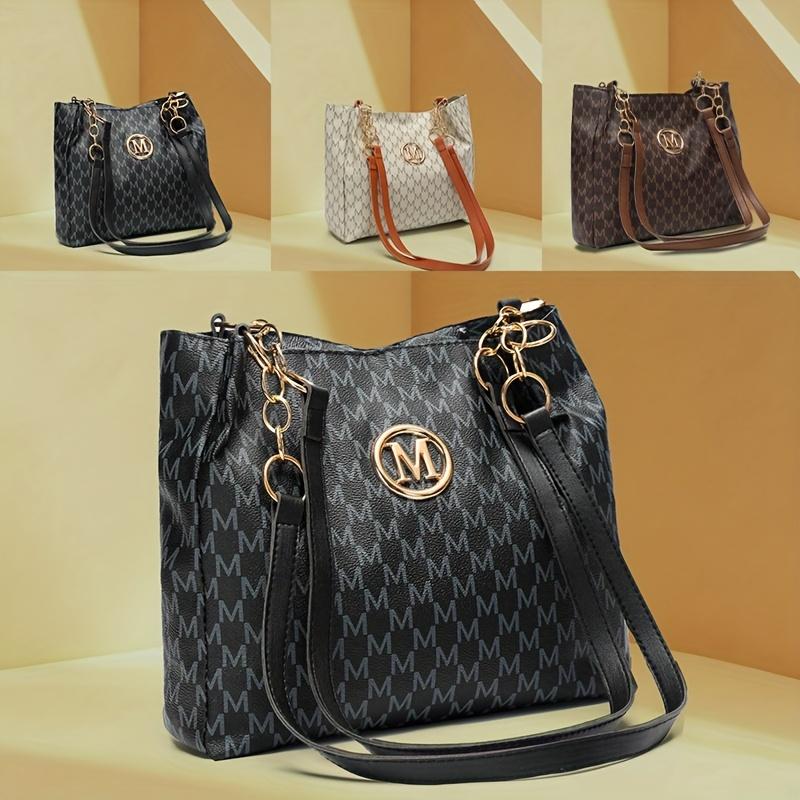 Женская сумка из ПУ в винтажном стиле с принтом буквы 'M' и фурнитурой 'M' - Большая сумка-тоут, застежка-молния, машинная стирка, ретро-кошелек