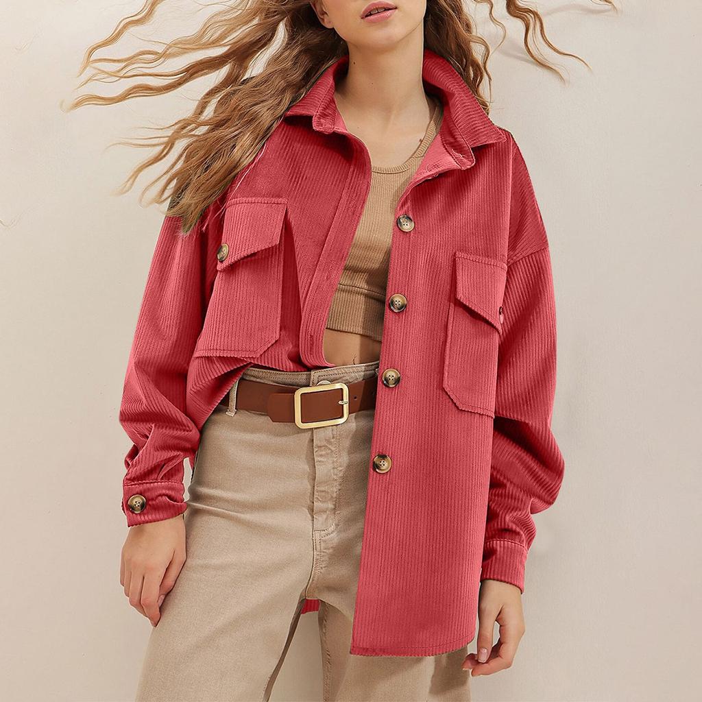 Женская однотонная вельветовая куртка-рубашка с длинным рукавом и карманами