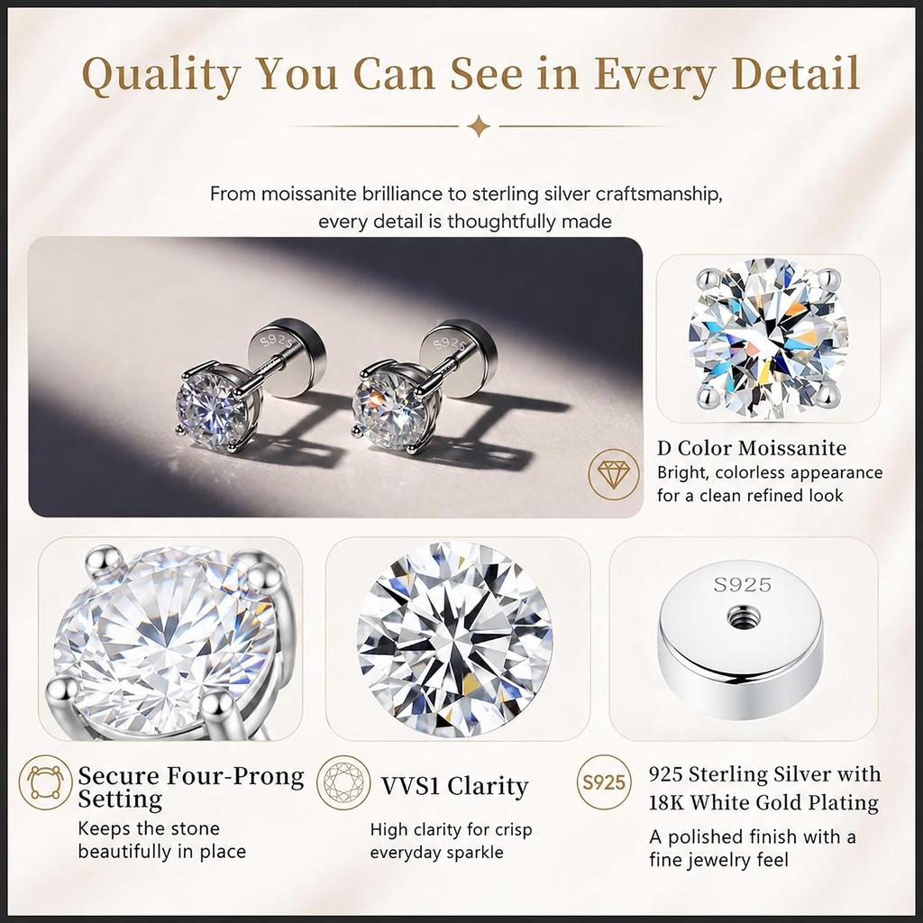 Impalsory Moissanite Flat Back Stud Earrings for Women, Screw Back Cartilage and Lobe Earrings, 925 Sterling Silver Hypoallergenic D Color VVS1