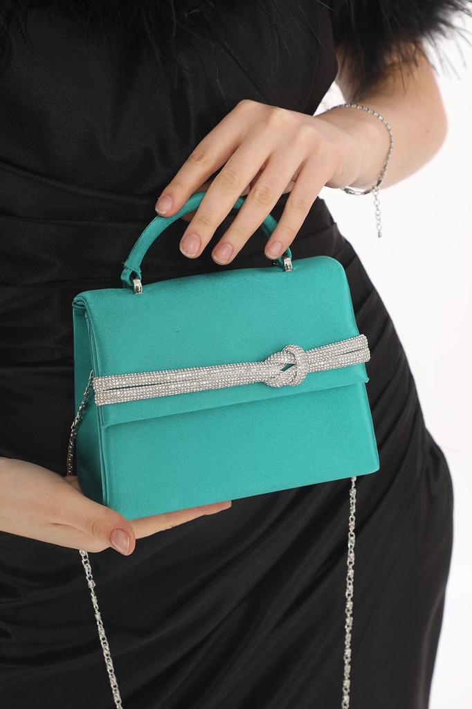 Women's Stylish and Useful Evening Dress Bag Black Color Suede Material Stone Accessory Magnetic Closure Shoulder Strap Available (Small Size)