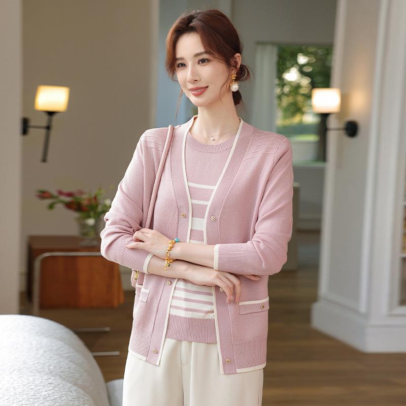 Mom's Chic Spring Knit Cardigan & Inner Layer Striped Two-Piece Set for Mid-Aged Woman