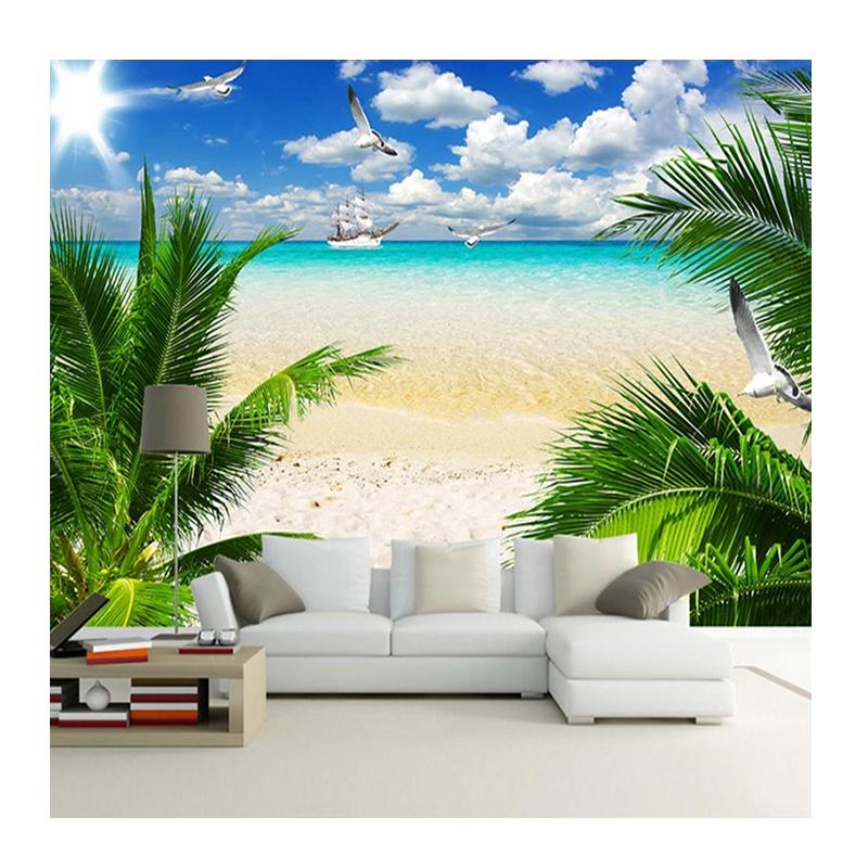 3D Пляжный постер Фотообои Голубое небо Белые облака Кокосовая пальма Морской пейзаж Настенная живопись Гостиная Диван Спальня Фреска