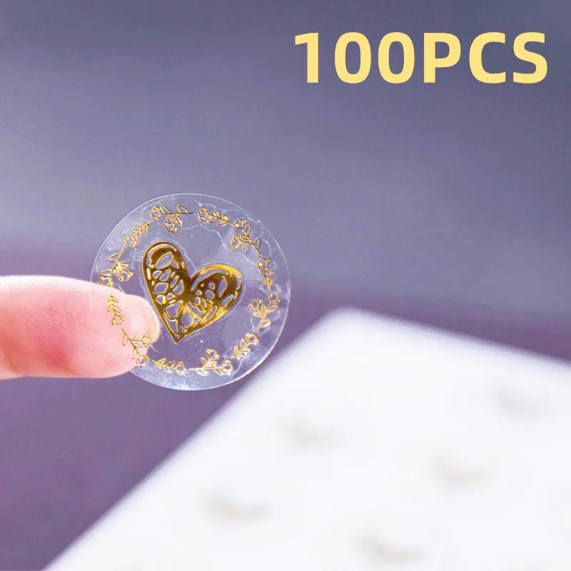 100pcs Clear Bronzing Heart Stickers 1.26 Inch Round Envelope Sealing Label for Wedding Party Invitation Card Gift Decor Tags