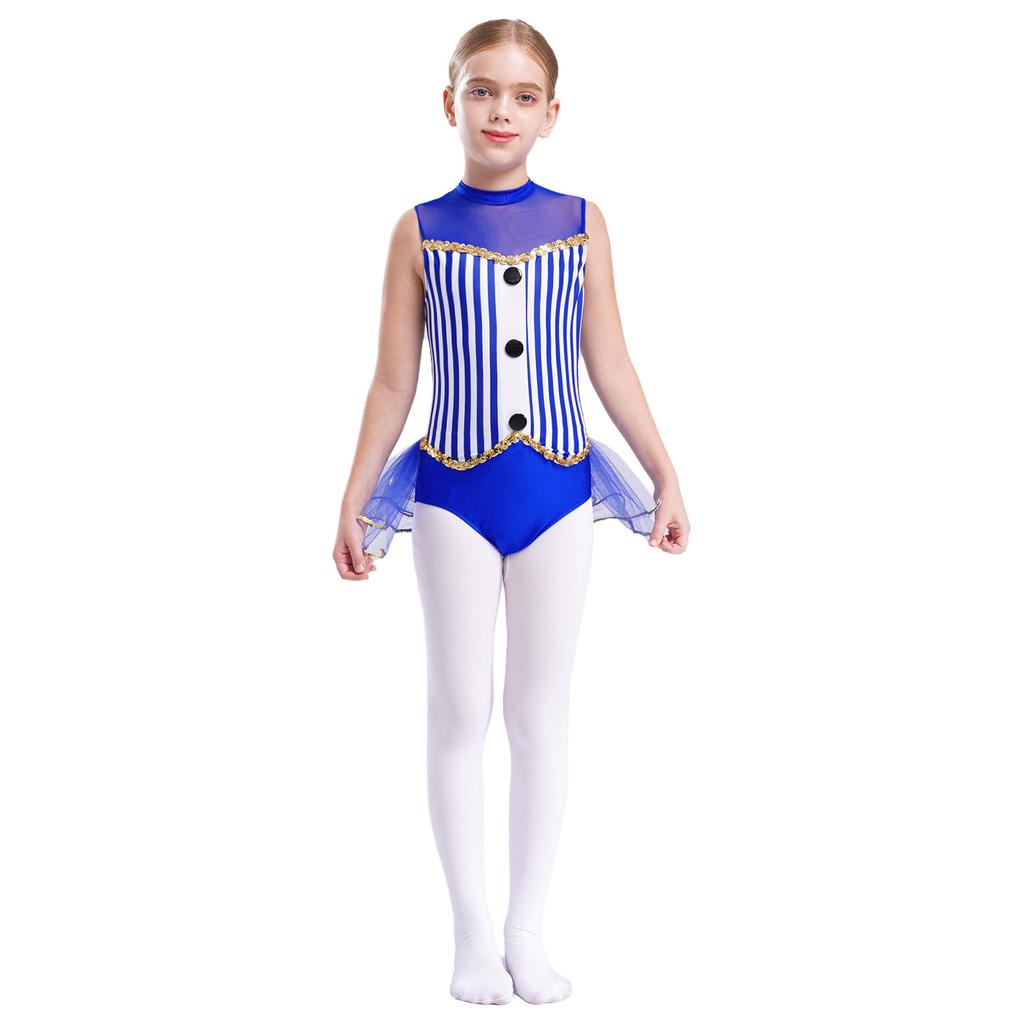 Kids Girls Sparkly Latin Dance Outfit Striped Leotard Mock Neck Open Back Design and Tulle Skirt Performance Wear