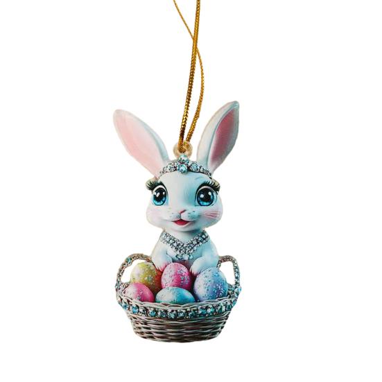Easter Bunny Ornament 2D Flat Acrylic Bunny Car Rearview Mirror Charm Cartoon Bunny Egg Hanging