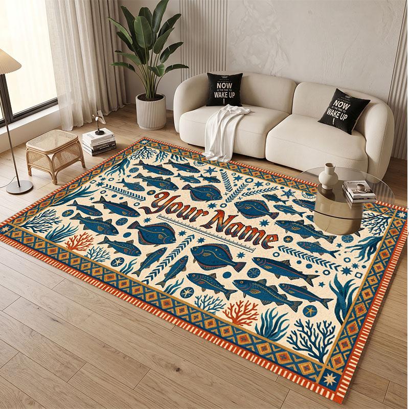 Fish Ocean Theme Soft Crystal Velvet Rug Custom Name & Text Print Non Slip Floor Rug for Bedroom Living Room