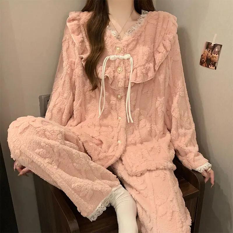 Зимняя утепленная фланелевая пижама с длинными рукавами для женщин в корейском стиле, симпатичная кружевная коралловая бархатная пижама, домашняя одежда