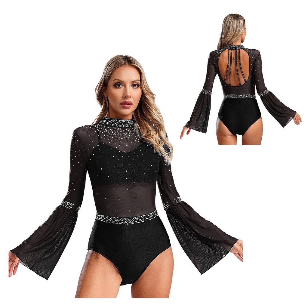Женская лоскутная расклешенная рукава с открытой спиной, блестящая танцевальная одежда со стразами для гимнастики, джаза, латиноамериканского фигурного катания, балета