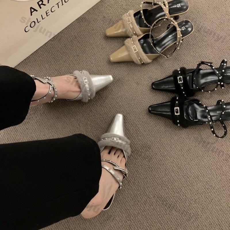 Панк Готика Туфли-лодочки на высоком каблуке для женщин 2025 Весна Обувь на каблуке-шпильке Женская Острый носок Заклепки Серебристые Вечерние туфли