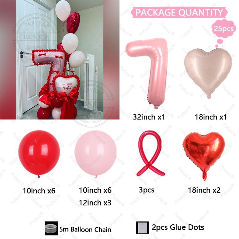 25pcs Pink Number 1-9 Birthday Balloon Set Heart-shaped Foil Balloon Festival Party Decoration Photography Supplies