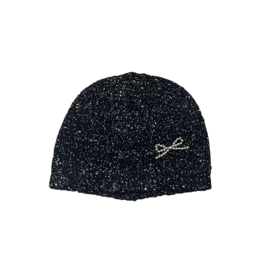 Vintage Beanie Hat Bowknot Woven Cap Fashion Sequin Knitted Hat Autumn