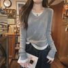 2025 Autumn/Winter Korean Style U-Neck Contrast Color Knitted Long Sleeve Drawstring Top