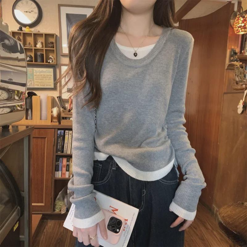 2025 Autumn/Winter Korean Style U-Neck Contrast Color Knitted Long Sleeve Drawstring Top
