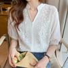 Summer White Blouse Women's V-neck 3d Embroidery Jacquard Lace Bubble Sleeves Basic Shirt