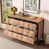 The sideboard and the chest of drawers are characterized by a combination of black and natural wood tones, metal legs and raised doors.