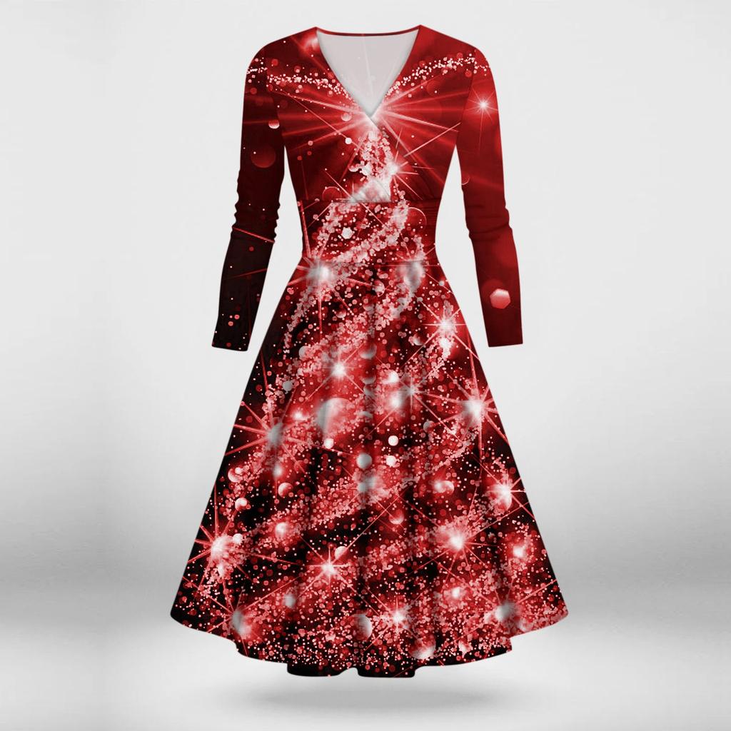 Женское повседневное и модное сексуальное платье с v-образным вырезом и длинными рукавами с рождественским принтом