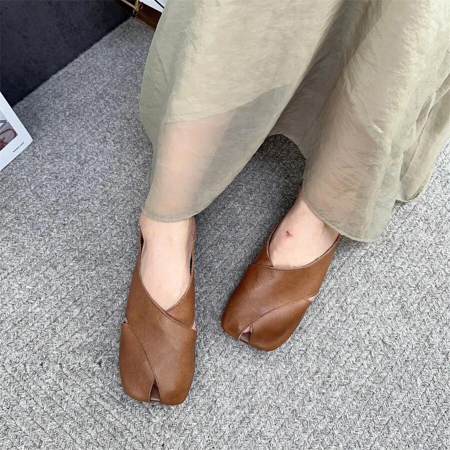 Johnature Тапочки из натуральной кожи с квадратным носком и открытым носком. Женская обувь. Повседневные шлепанцы на открытом воздухе. Удобные тапочки на плоской подошве.