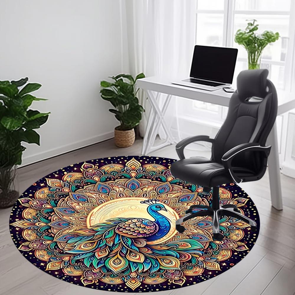 1PC Peacock Mandala Artwork Office Round Rug, Non slip, Soft and Durable Office Rug for Interior Decoration, Perfect for Office