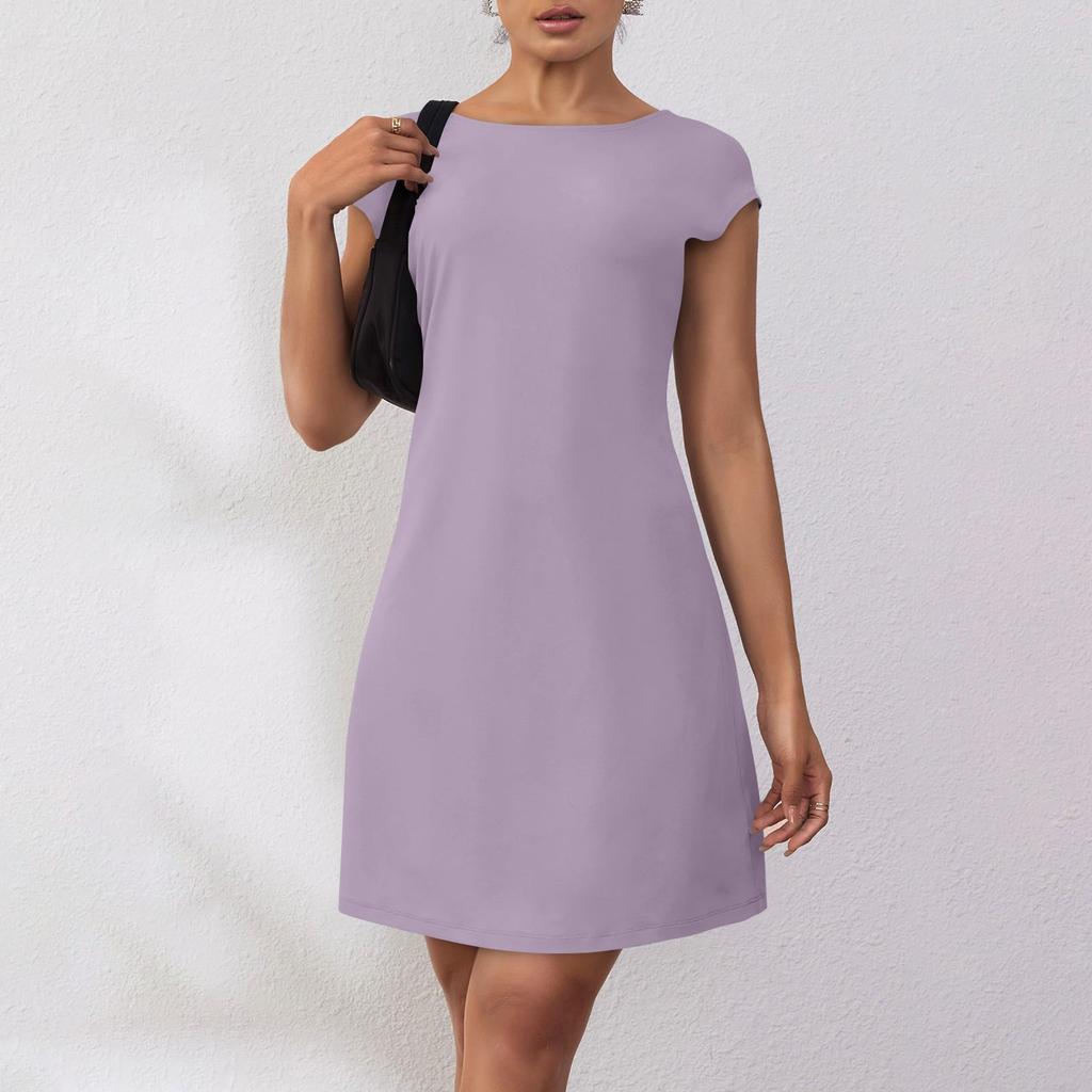 Женское летнее повседневное платье-футболка с открытой спиной и короткими рукавами, вечерние платья с круглым вырезом