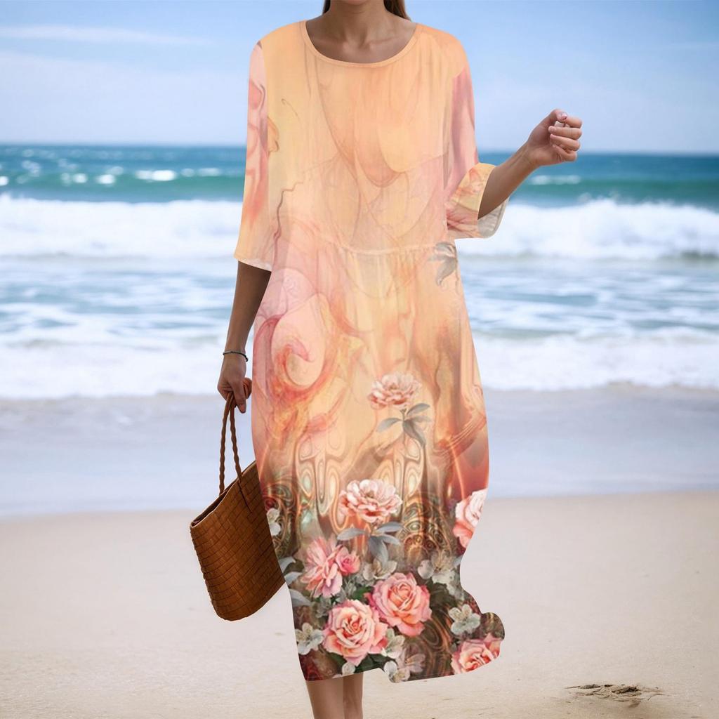 Женское модное платье свободного кроя с принтом, круглым вырезом и рукавом три четверти