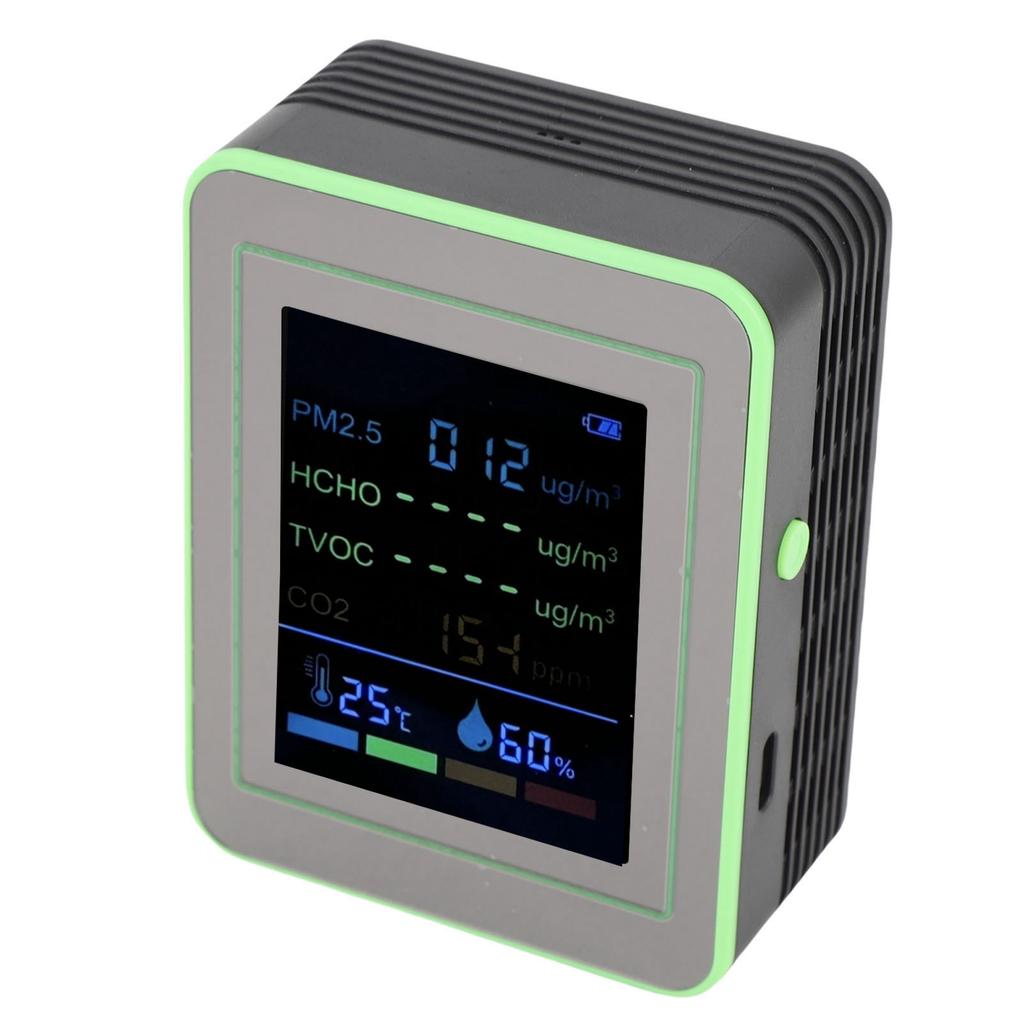 Air Quality Meter 6 In 1 CO2 PM2.5 HCHO TVOC Temp Humid Smart Detect Tester Indoor Battery Powered Black and Green