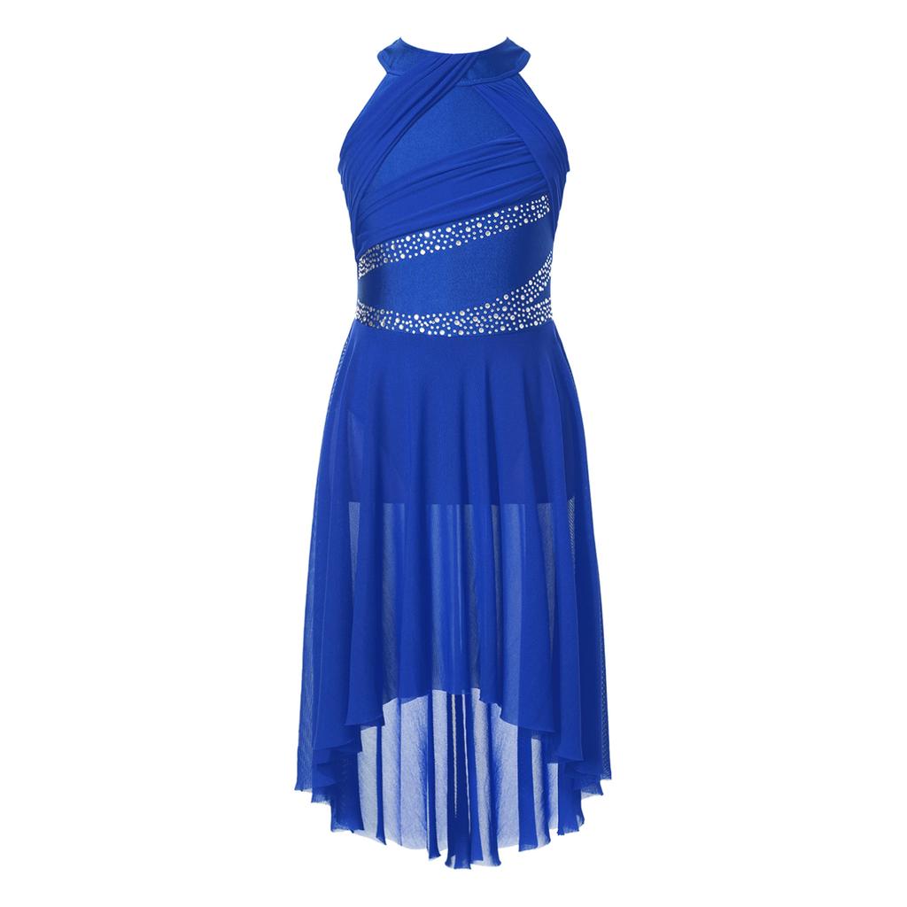 Детское лирическое платье для латинских танцев для девочек, купальник без рукавов со сверкающими стразами и рюшами, балетная танцевальная одежда